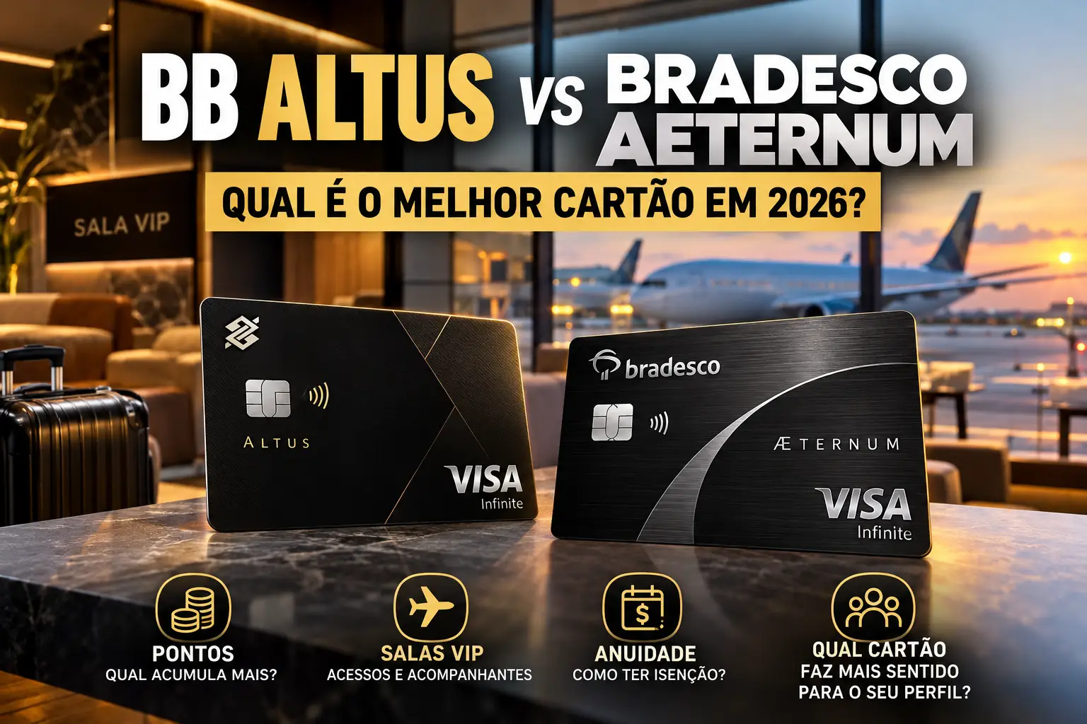 BB Altus vs Bradesco Aeternum em 2026 com comparação de pontos, salas VIP, acompanhantes e anuidade.