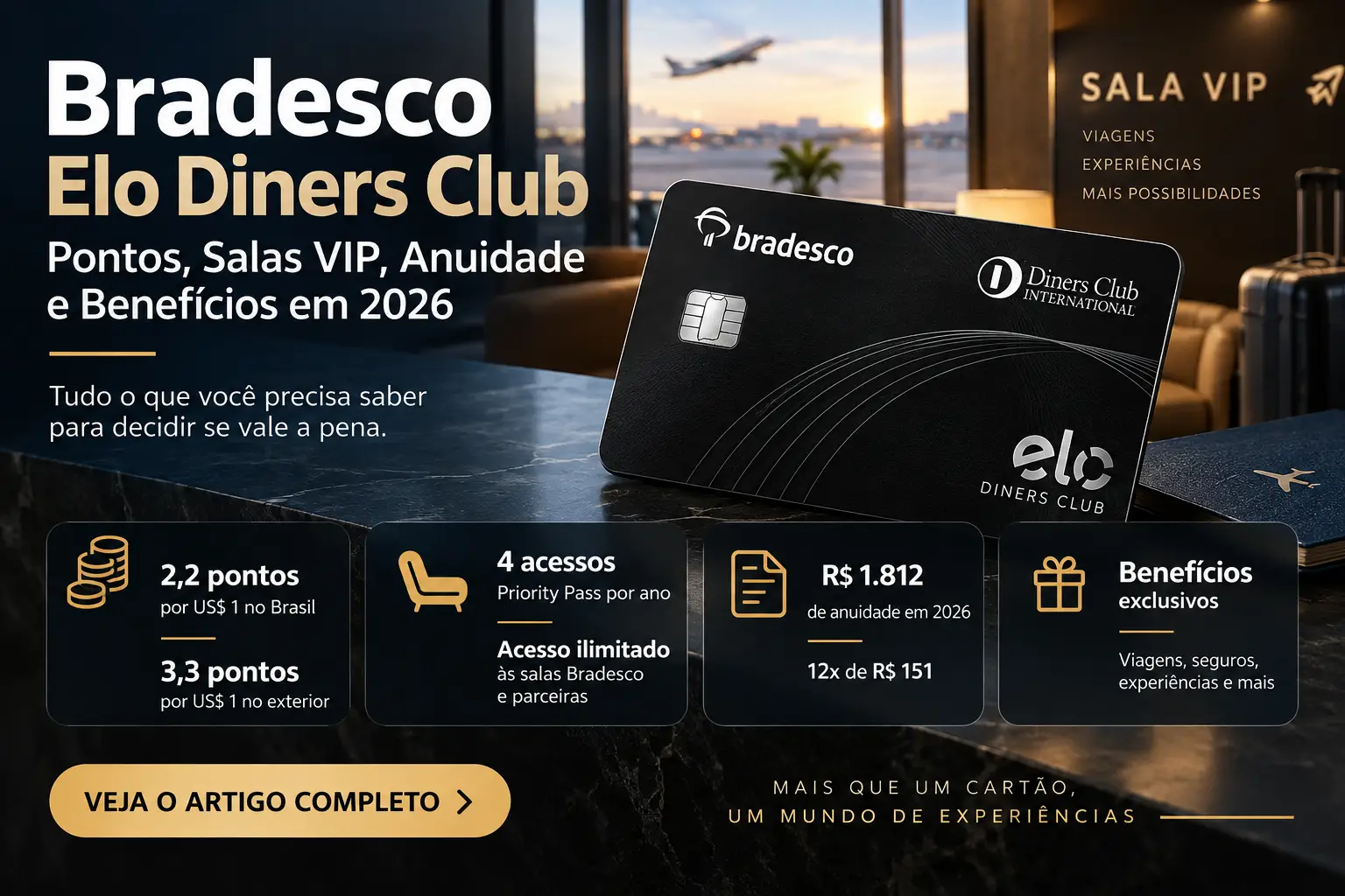 Bradesco Elo Diners Club com pontos, salas VIP, Priority Pass, anuidade e benefícios em 2026
