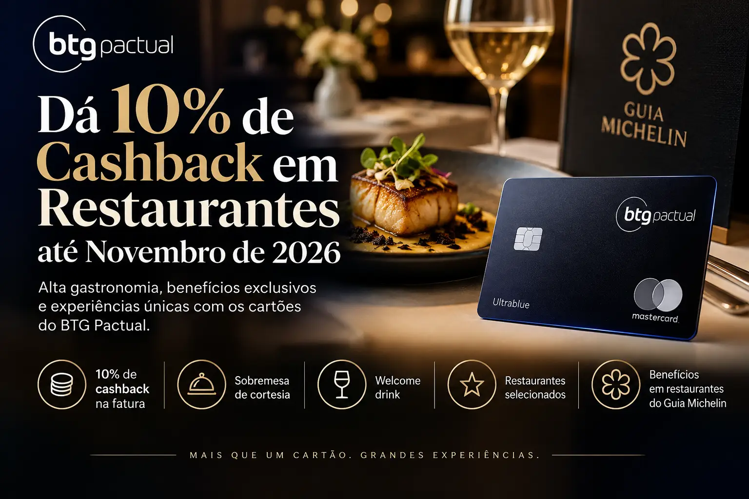 BTG Pactual oferece 10% de cashback em restaurantes selecionados até novembro de 2026, com benefícios gastronômicos para cartões premium.
