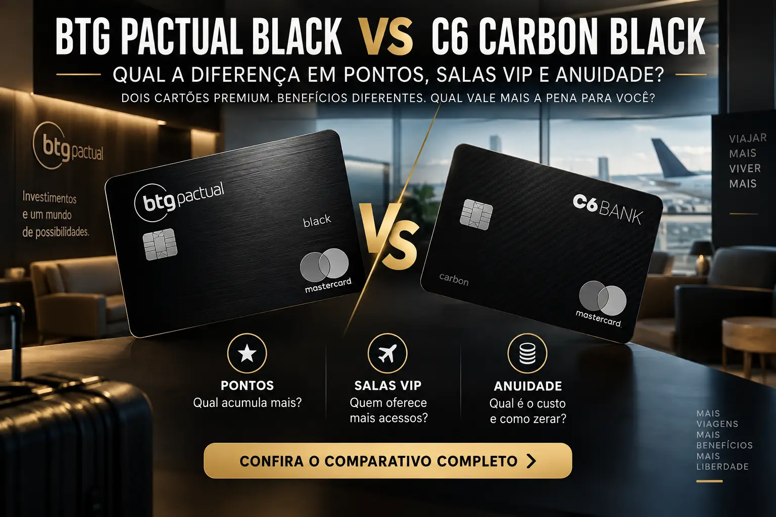 BTG Pactual Black vs C6 Carbon Black em comparativo de pontos, salas VIP e anuidade em 2026.