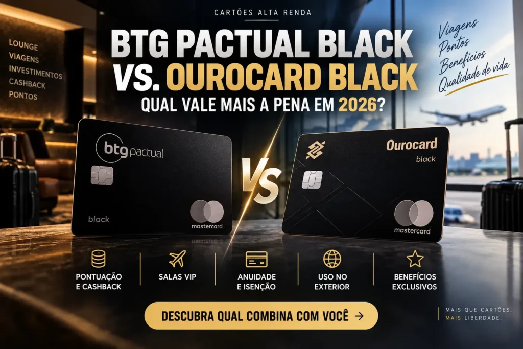 BTG Pactual Black vs Ourocard Mastercard Black em comparativo de pontos, cashback, salas VIP, anuidade e benefícios em 2026.