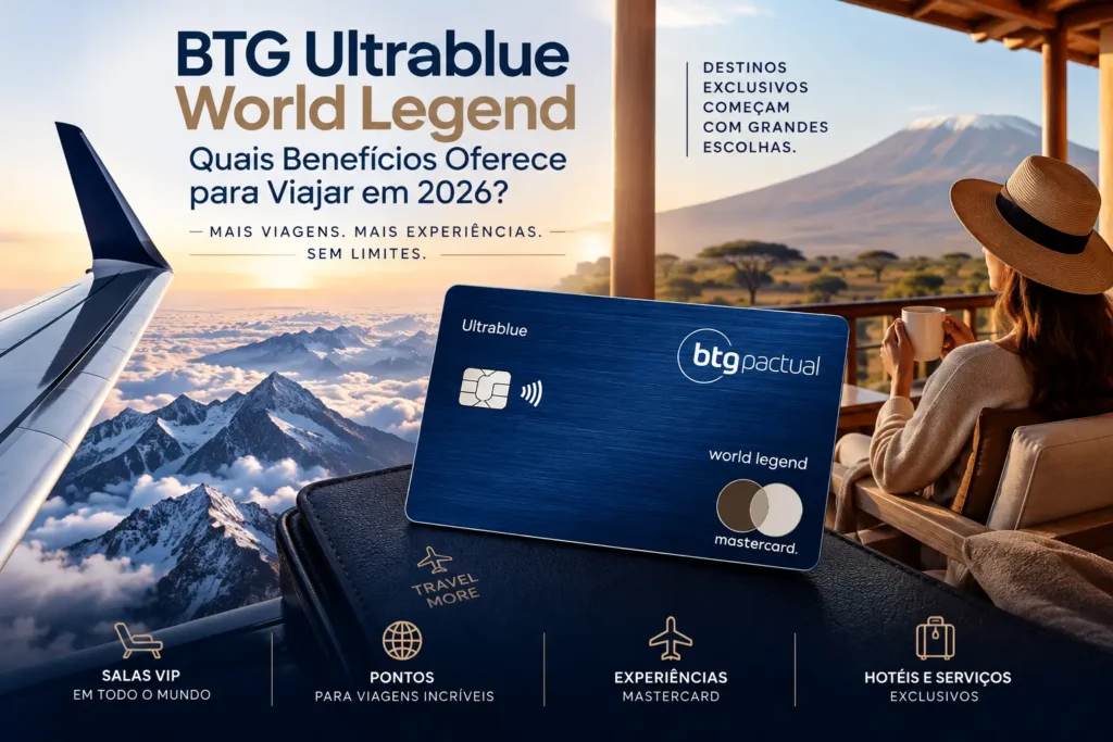 BTG Ultrablue World Legend com avião, montanhas e hospedagem premium, destacando benefícios para viagens em 2026.