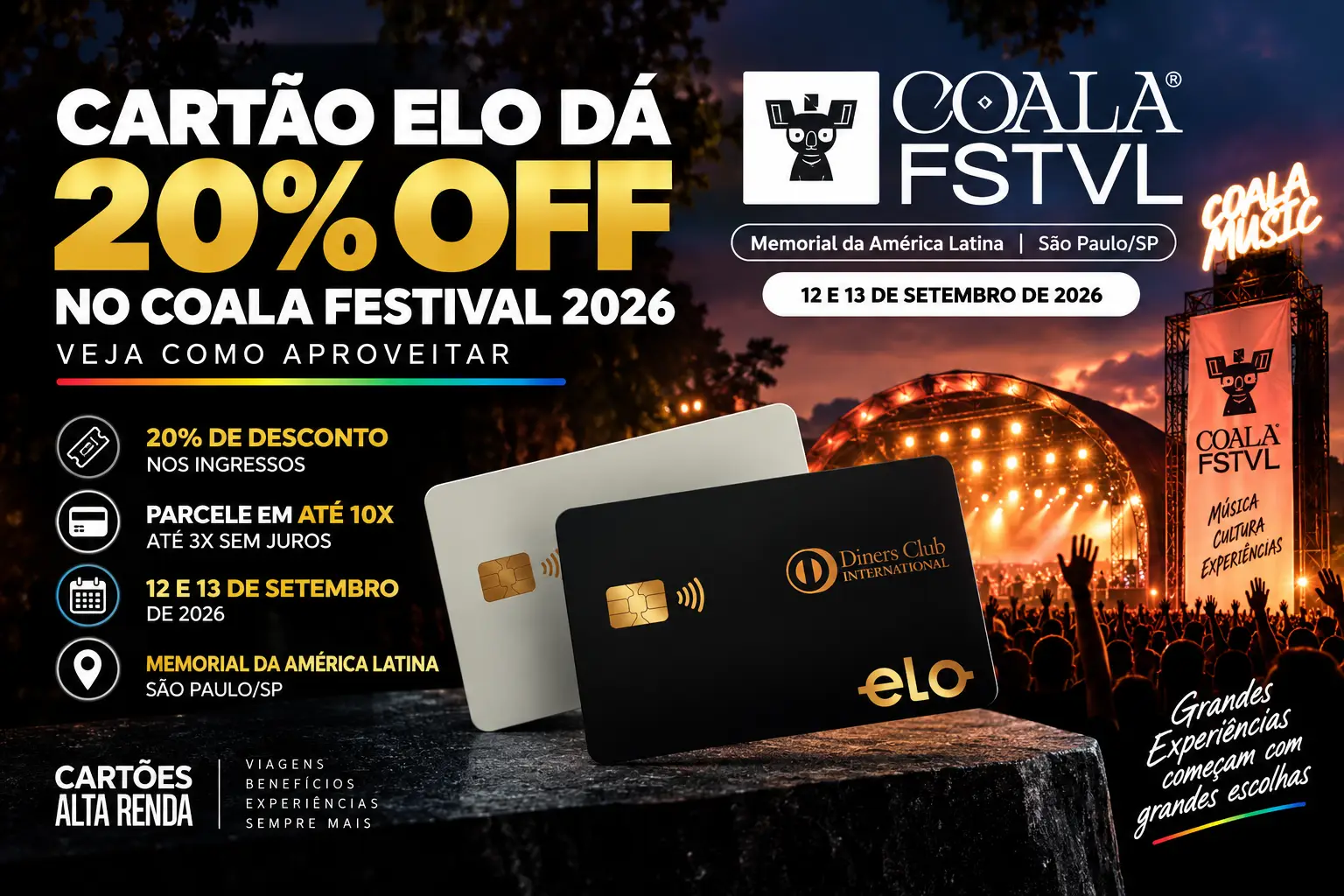 Cartão Elo com 20% OFF nos ingressos do Coala Festival 2026 em São Paulo