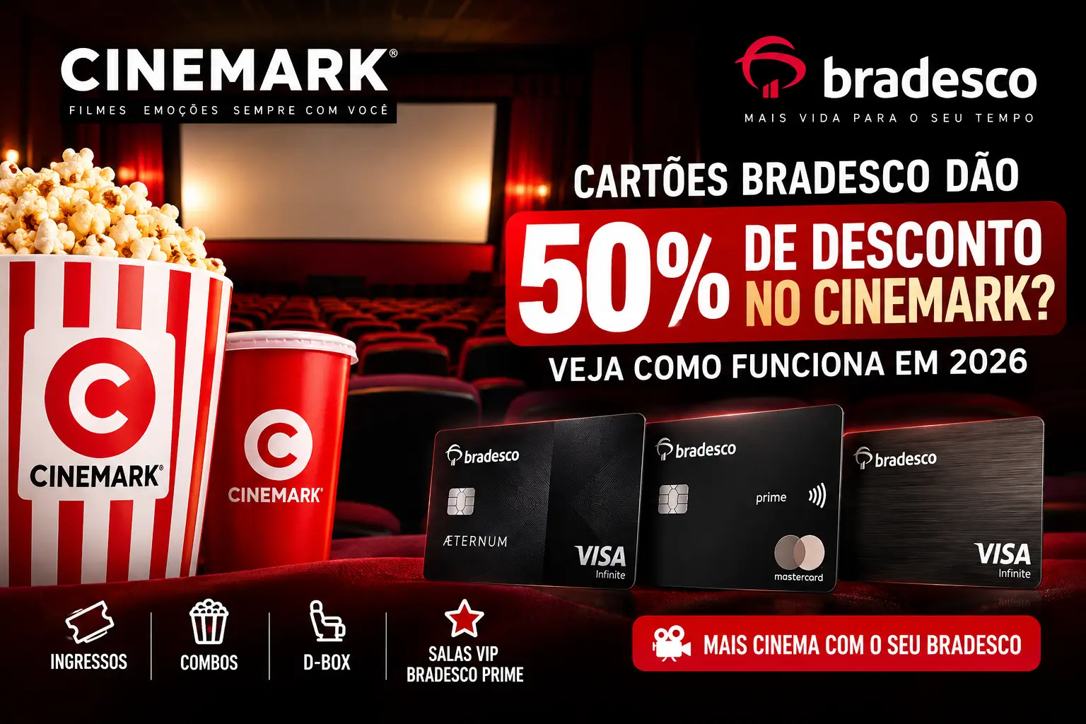Cartões Bradesco com 50% de desconto no Cinemark em 2026 para ingressos e benefícios elegíveis.