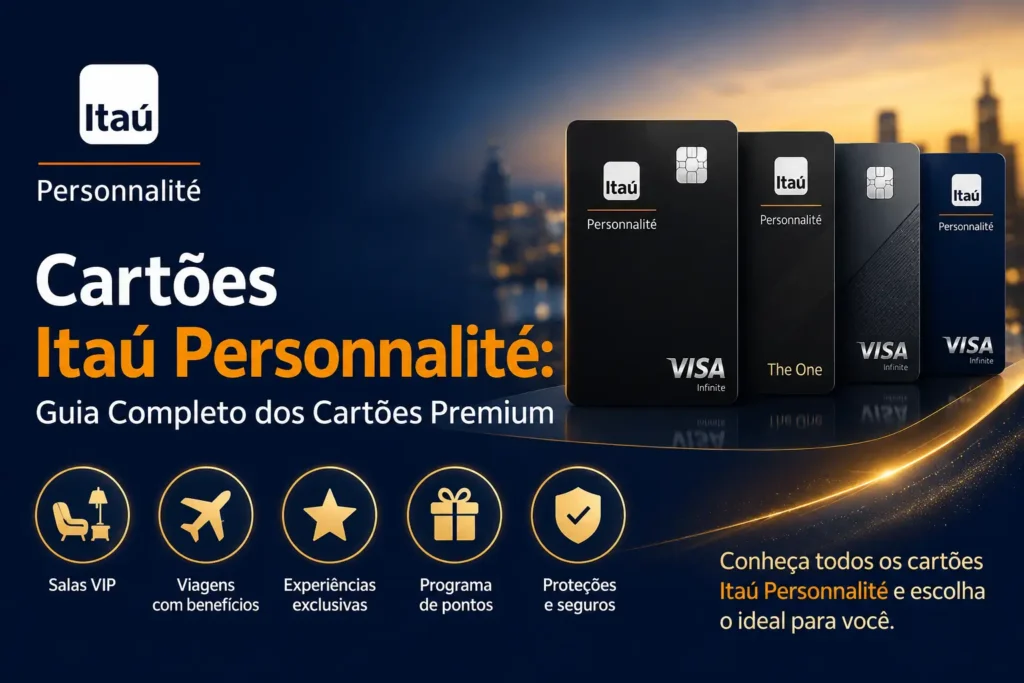 Cartões Itaú Personnalité premium com benefícios em salas VIP, viagens, pontos e proteções.