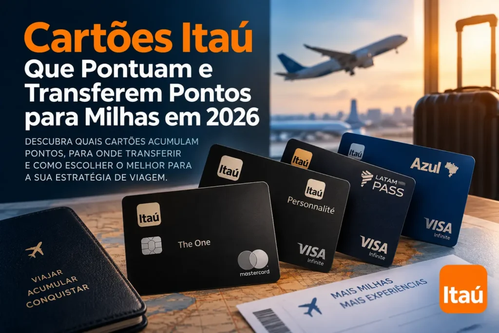 Cartões Itaú que pontuam e permitem transferir pontos para milhas em 2026, incluindo opções Personnalité, LATAM Pass e Azul Itaú.