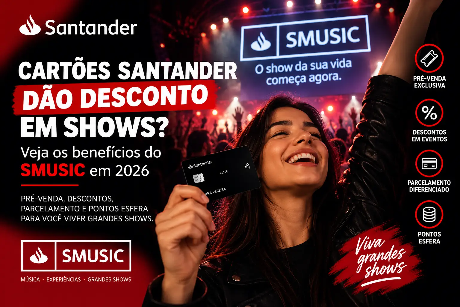 Cartões Santander e SMUSIC em 2026 com benefícios em shows, pré-venda exclusiva, descontos, parcelamento e pontos Esfera.