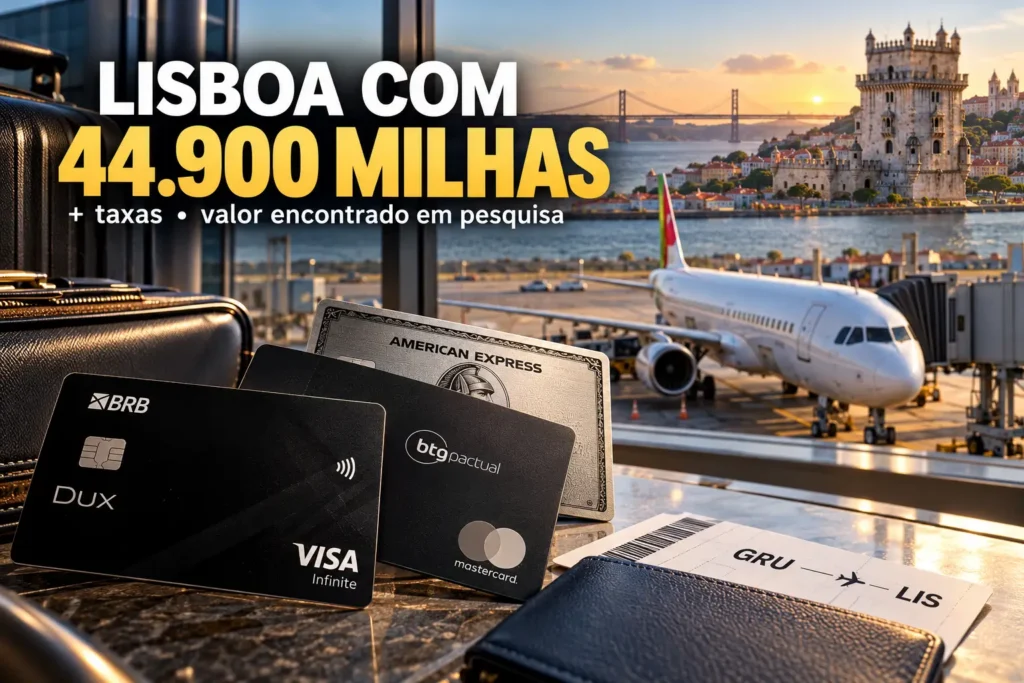 Lisboa com 44.900 milhas mais taxas, com cartões de crédito premium, aeroporto e avião ao fundo.