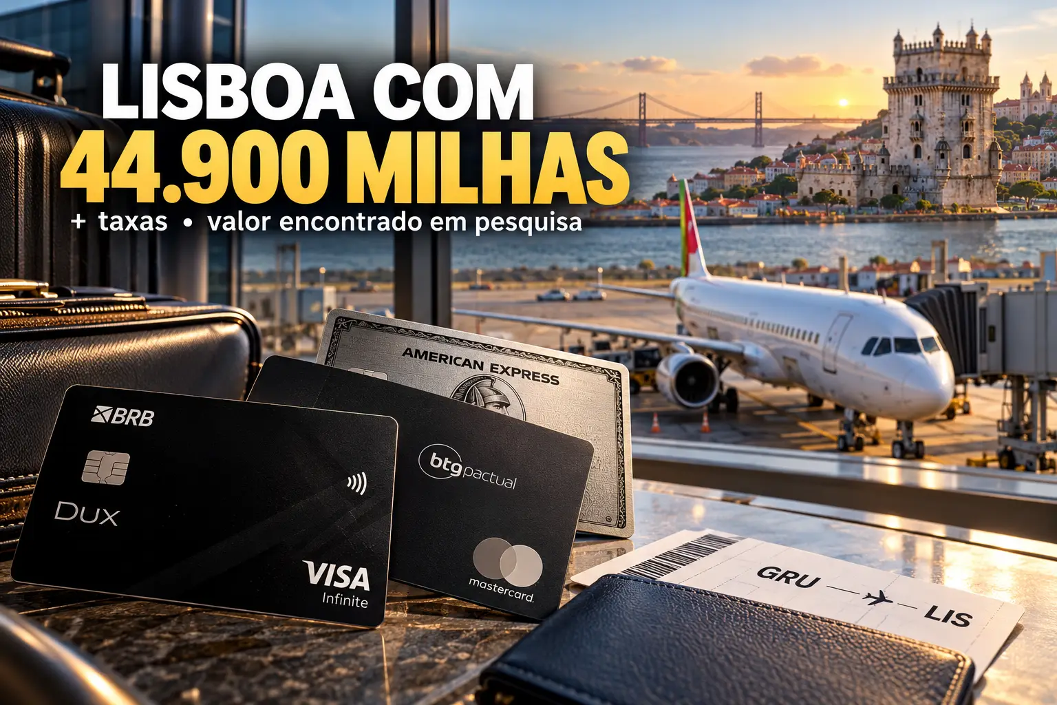 Lisboa com 44.900 milhas mais taxas, com cartões de crédito premium, aeroporto e avião ao fundo.