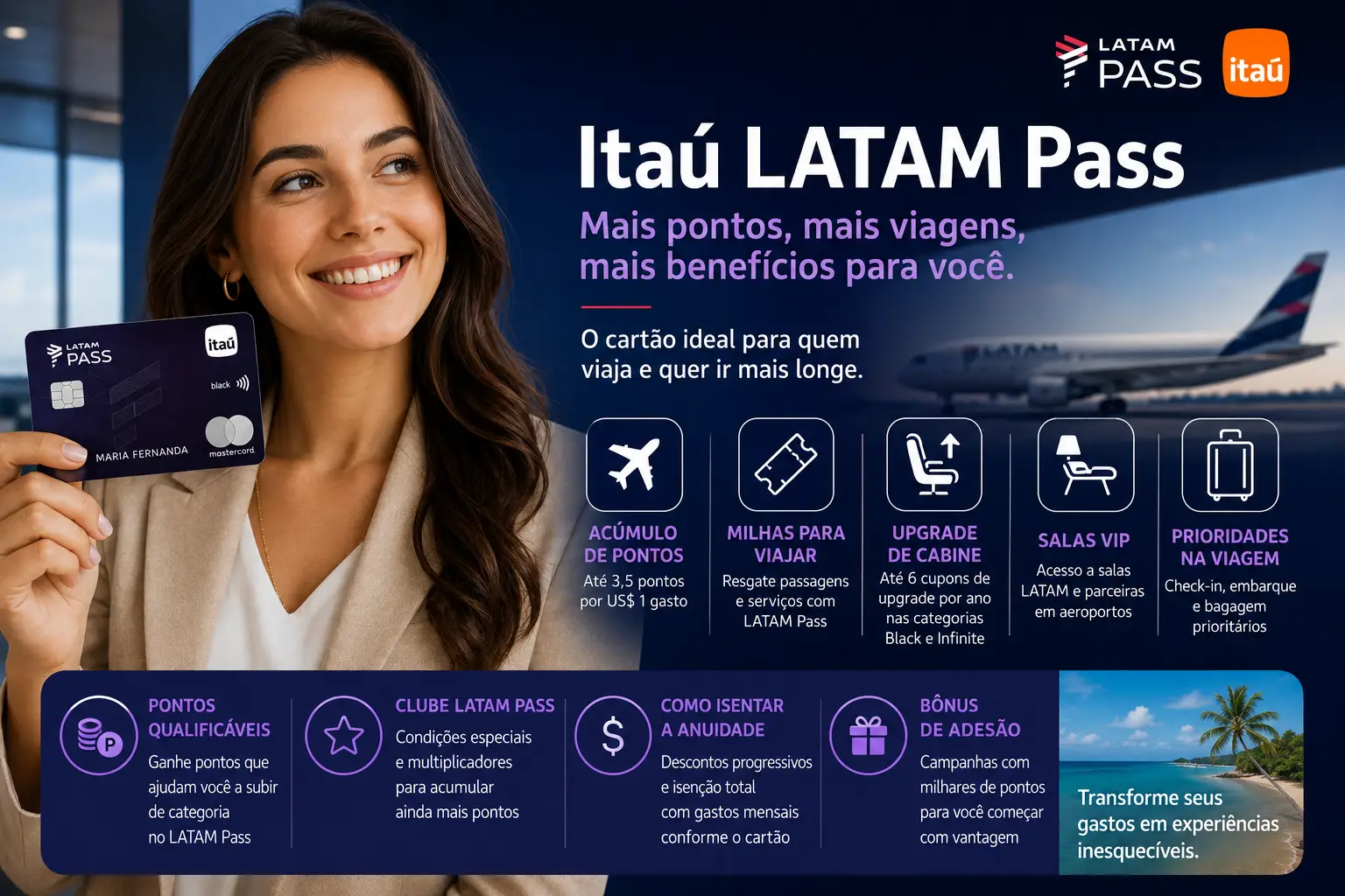 Itaú LATAM Pass com benefícios, pontuação, upgrade de cabine, salas VIP e isenção da anuidade em 2026.