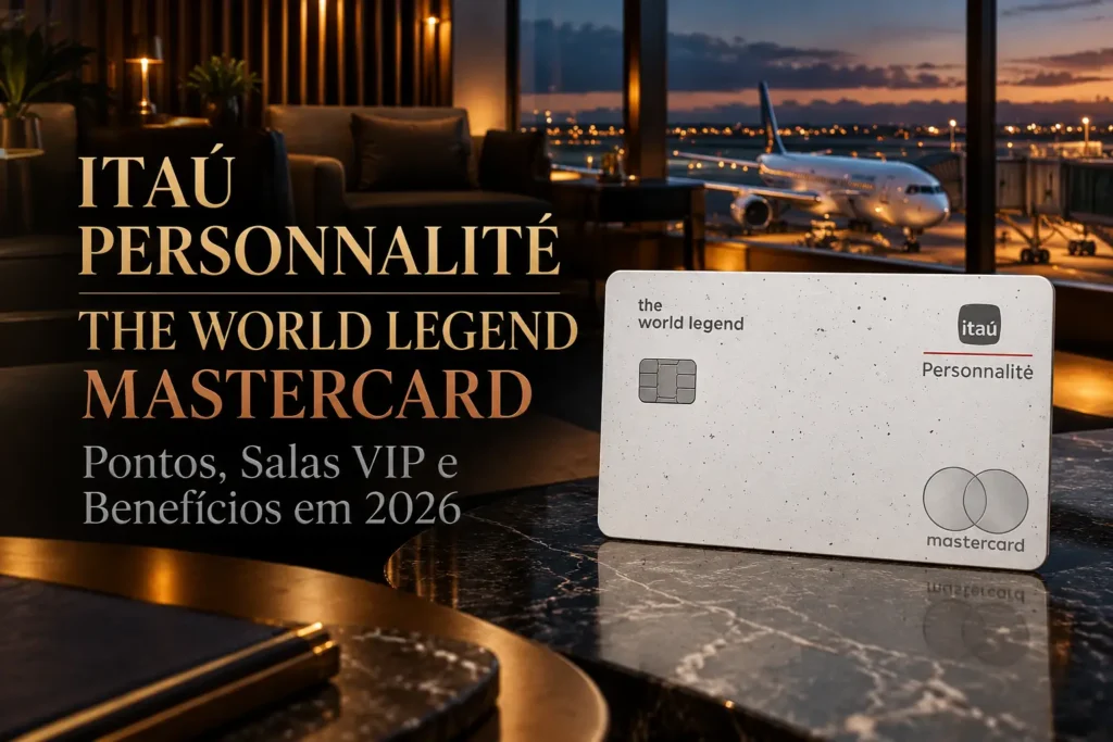 Itaú Personnalité The World Legend Mastercard 2026 em lounge premium de aeroporto, com benefícios em pontos, salas VIP e viagens.