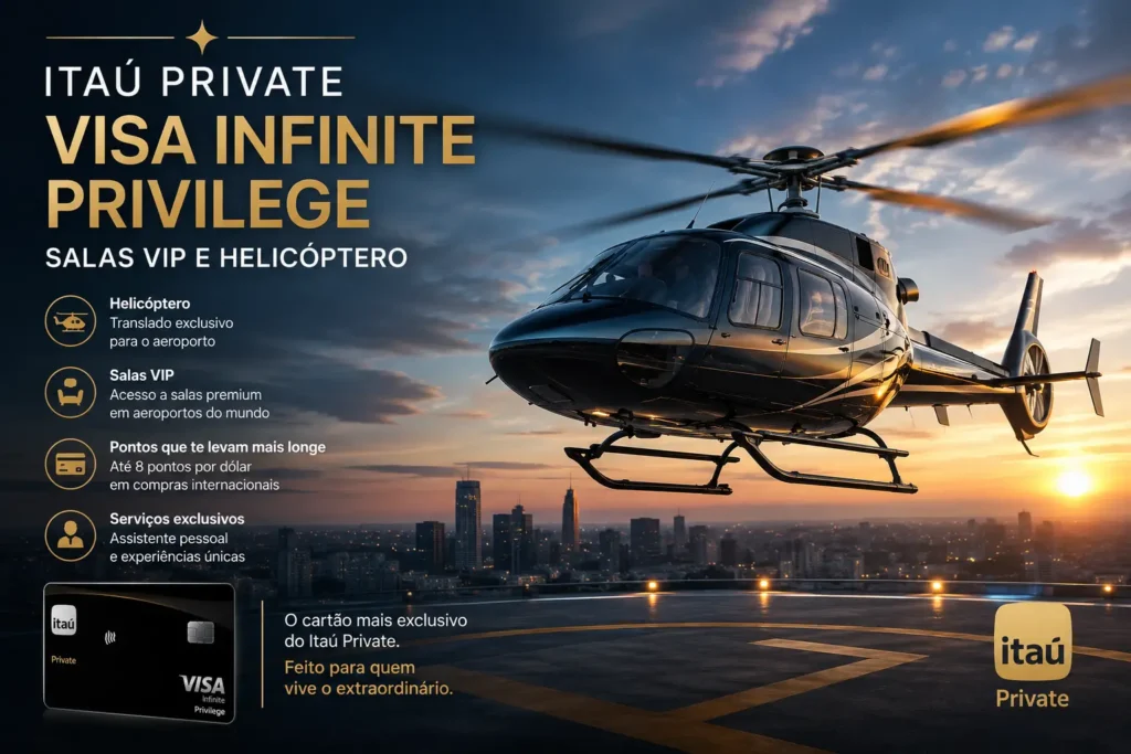 Itaú Private Visa Infinite Privilege com helicóptero, salas VIP e benefícios exclusivos para clientes Private em 2026.