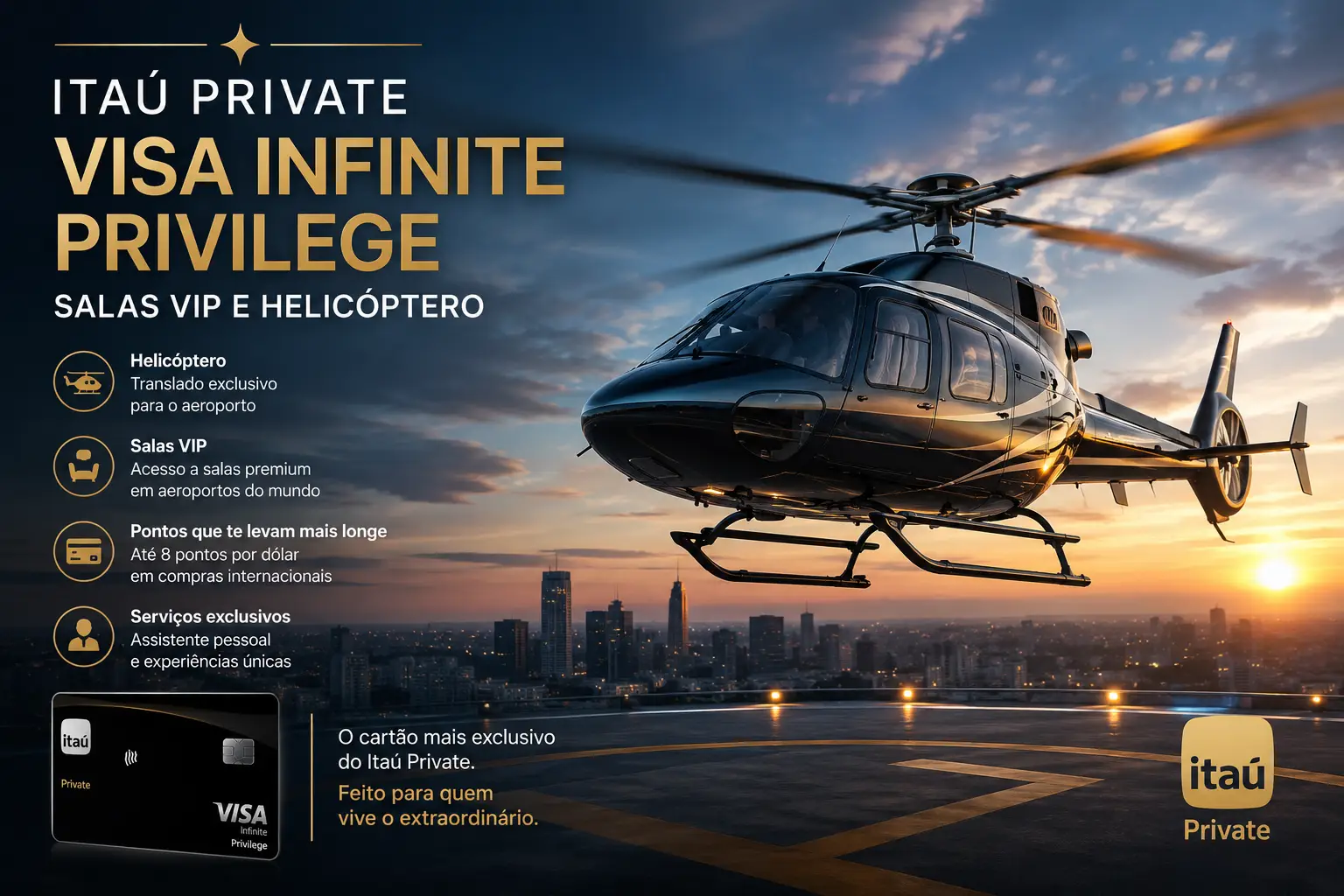 Itaú Private Visa Infinite Privilege com helicóptero, salas VIP e benefícios exclusivos para clientes Private em 2026.