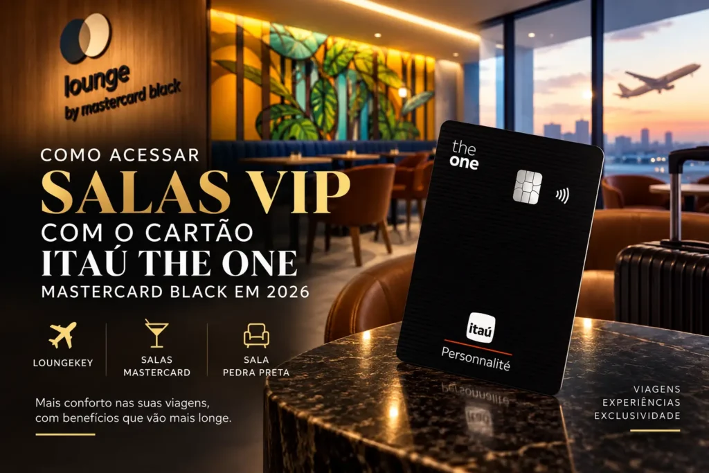 Cartão Itaú The One Mastercard Black com acesso a salas VIP LoungeKey, Mastercard e Sala Pedra Preta em 2026