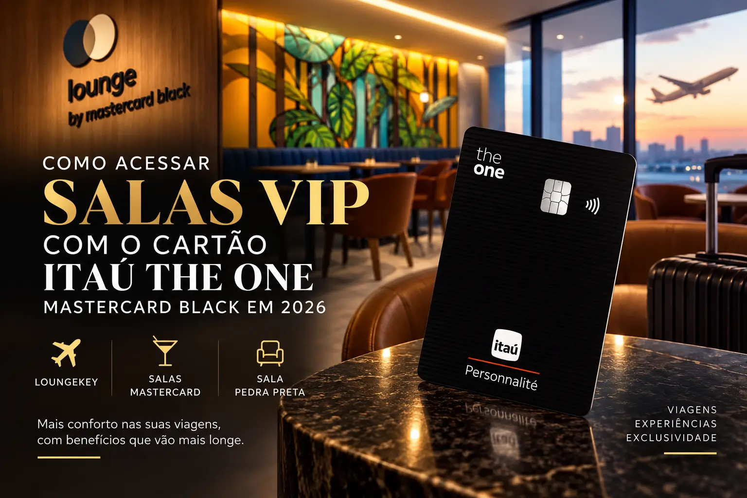 Cartão Itaú The One Mastercard Black com acesso a salas VIP LoungeKey, Mastercard e Sala Pedra Preta em 2026