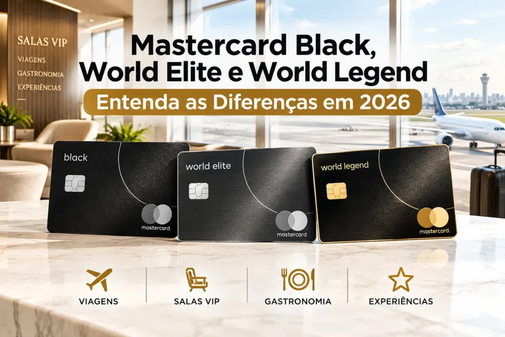 Mastercard Black, World Elite e World Legend comparados em 2026, com benefícios de viagens, salas VIP, gastronomia e experiências.