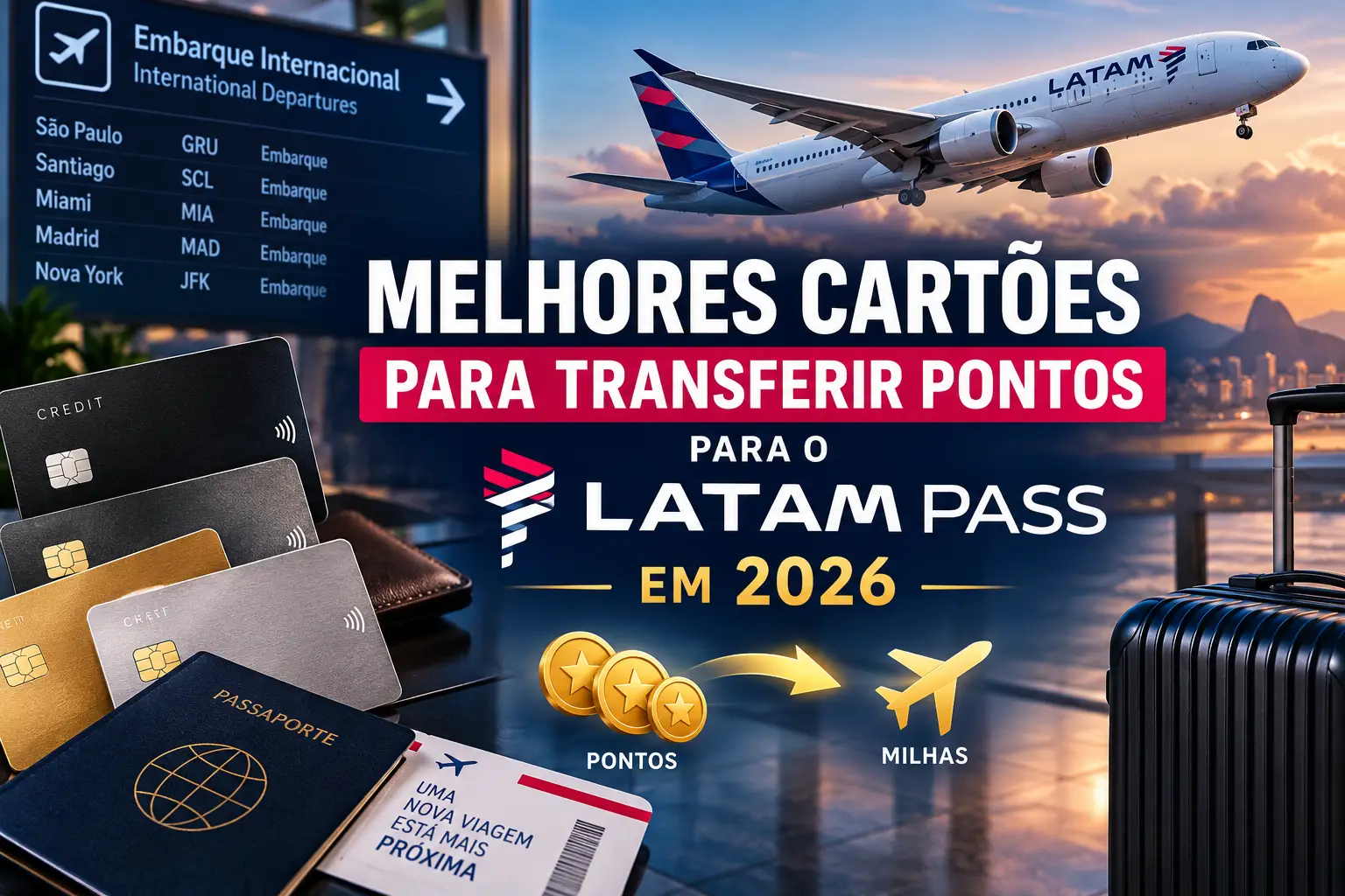 Melhores cartões para transferir pontos para o LATAM Pass em 2026, com cartões de crédito, pontos, milhas e viagem aérea.