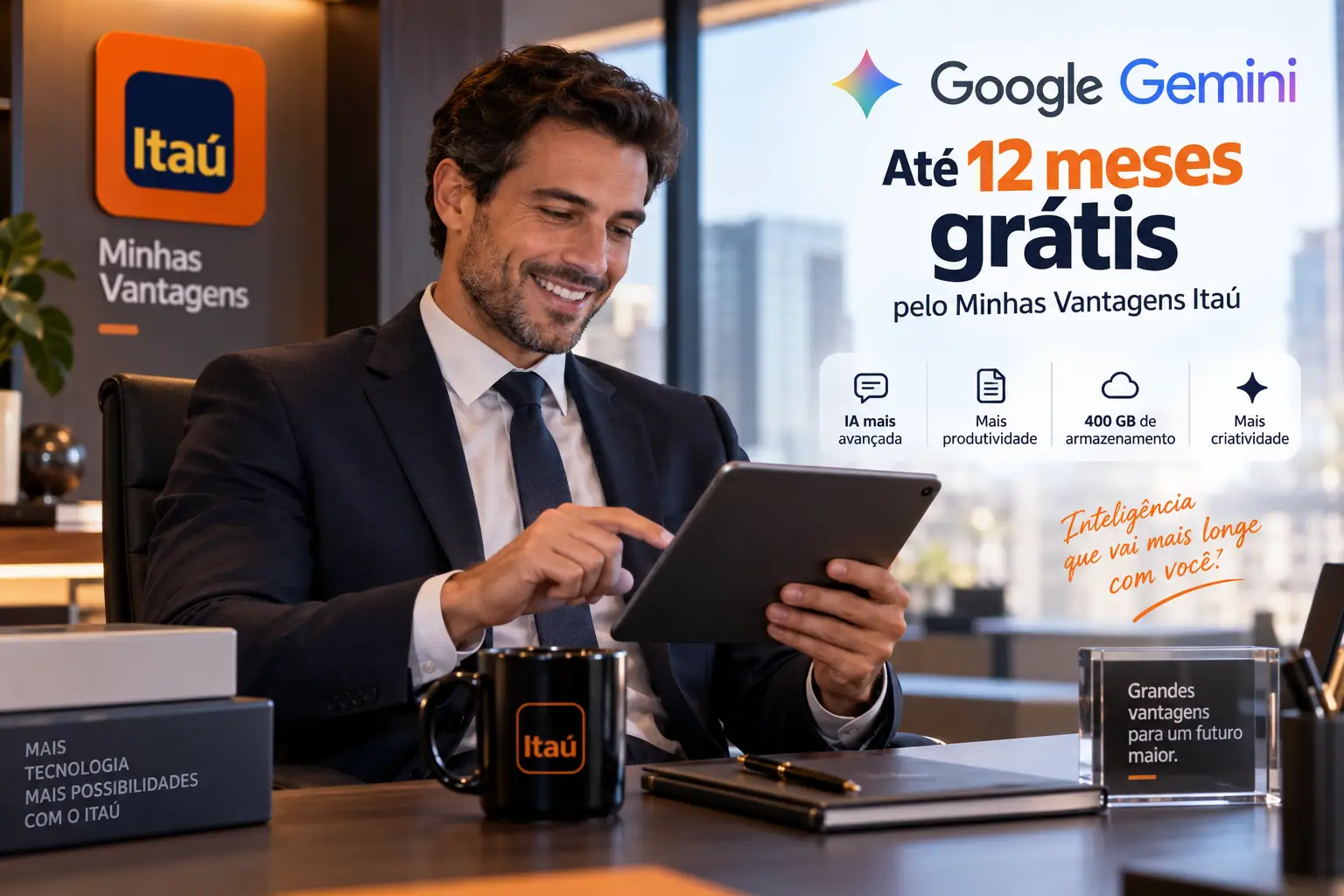 Homem de terno usando tablet em escritório moderno com destaque para oferta de até 12 meses de Google Gemini grátis pelo Minhas Vantagens Itaú.