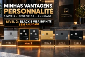 Minhas Vantagens Personnalité com cinco níveis e destaque para Black e Visa Infinite sem anuidade no Nível 2.