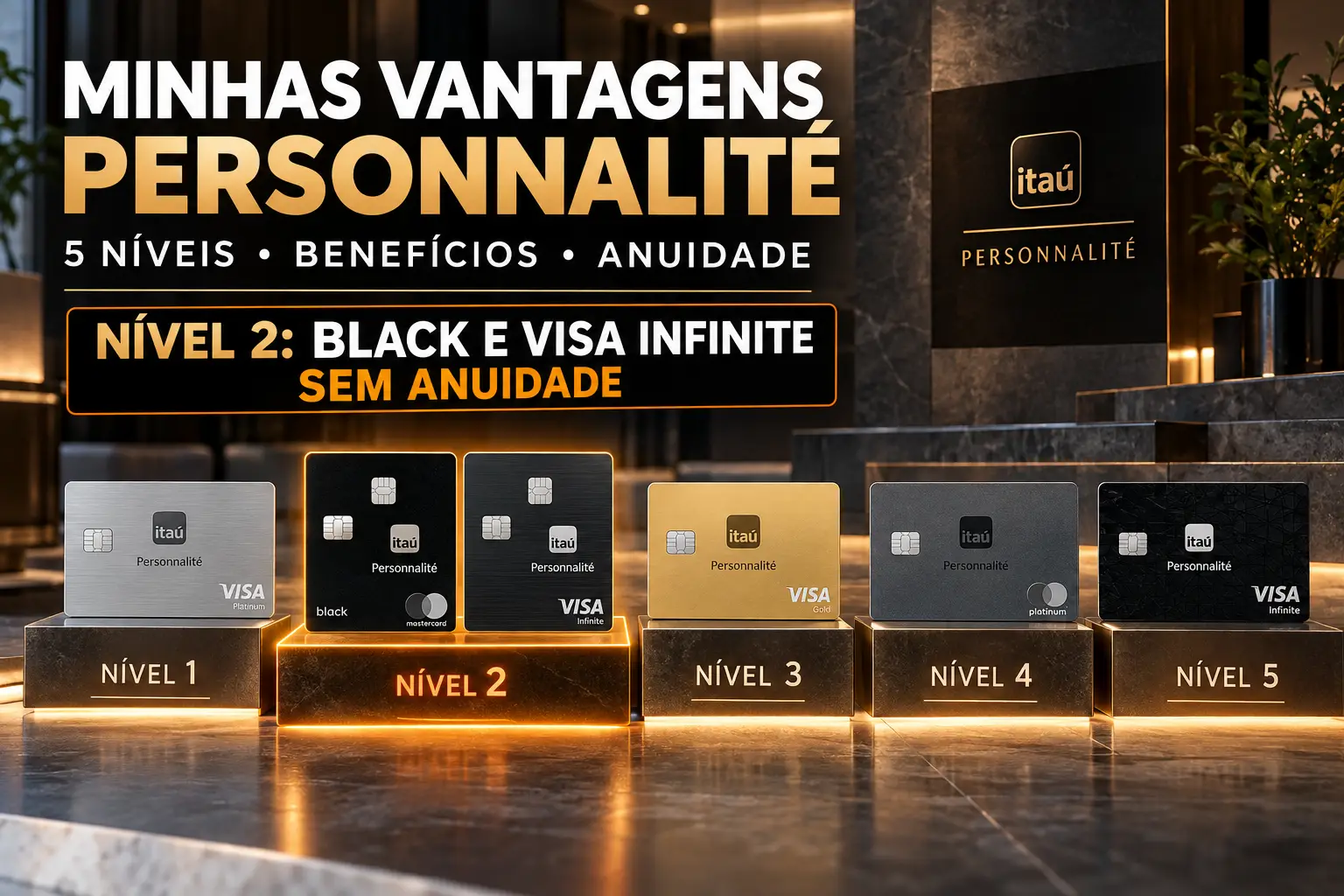 Minhas Vantagens Personnalité com cinco níveis e destaque para Black e Visa Infinite sem anuidade no Nível 2.