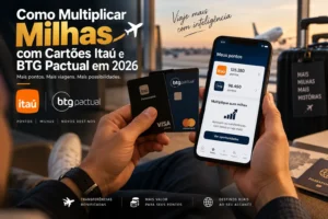 Pessoa segurando cartões Itaú e BTG Pactual e celular para consultar pontos e multiplicar milhas em 2026.
