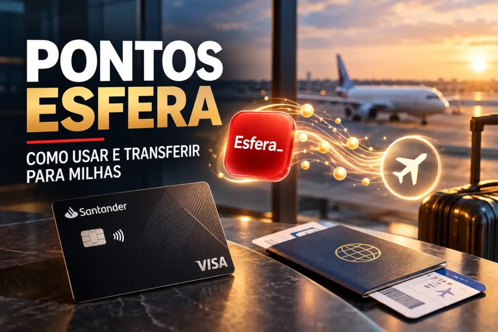 Pontos Esfera e transferência para milhas em 2026, com representação de viagem e conversão de pontos