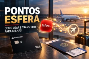 Pontos Esfera e transferência para milhas em 2026, com representação de viagem e conversão de pontos