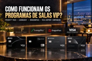Programas de salas VIP Priority Pass, LoungeKey, DragonPass e Visa Airport Companion com cartões premium em lounge de aeroporto.