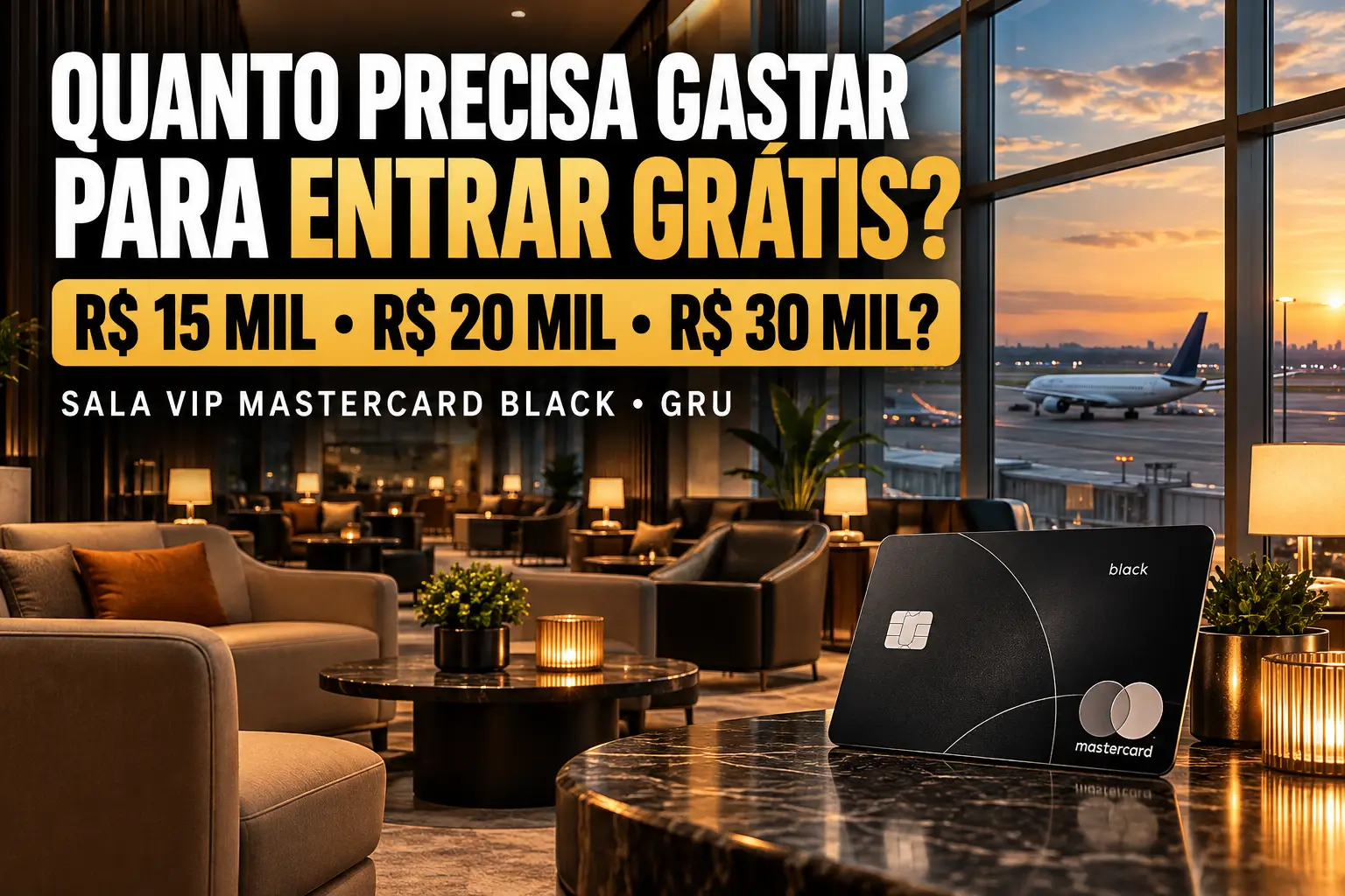 Quanto gastar para entrar grátis nas salas VIP Mastercard Black de Guarulhos, com metas de R$ 15 mil, R$ 20 mil e R$ 30 mil.