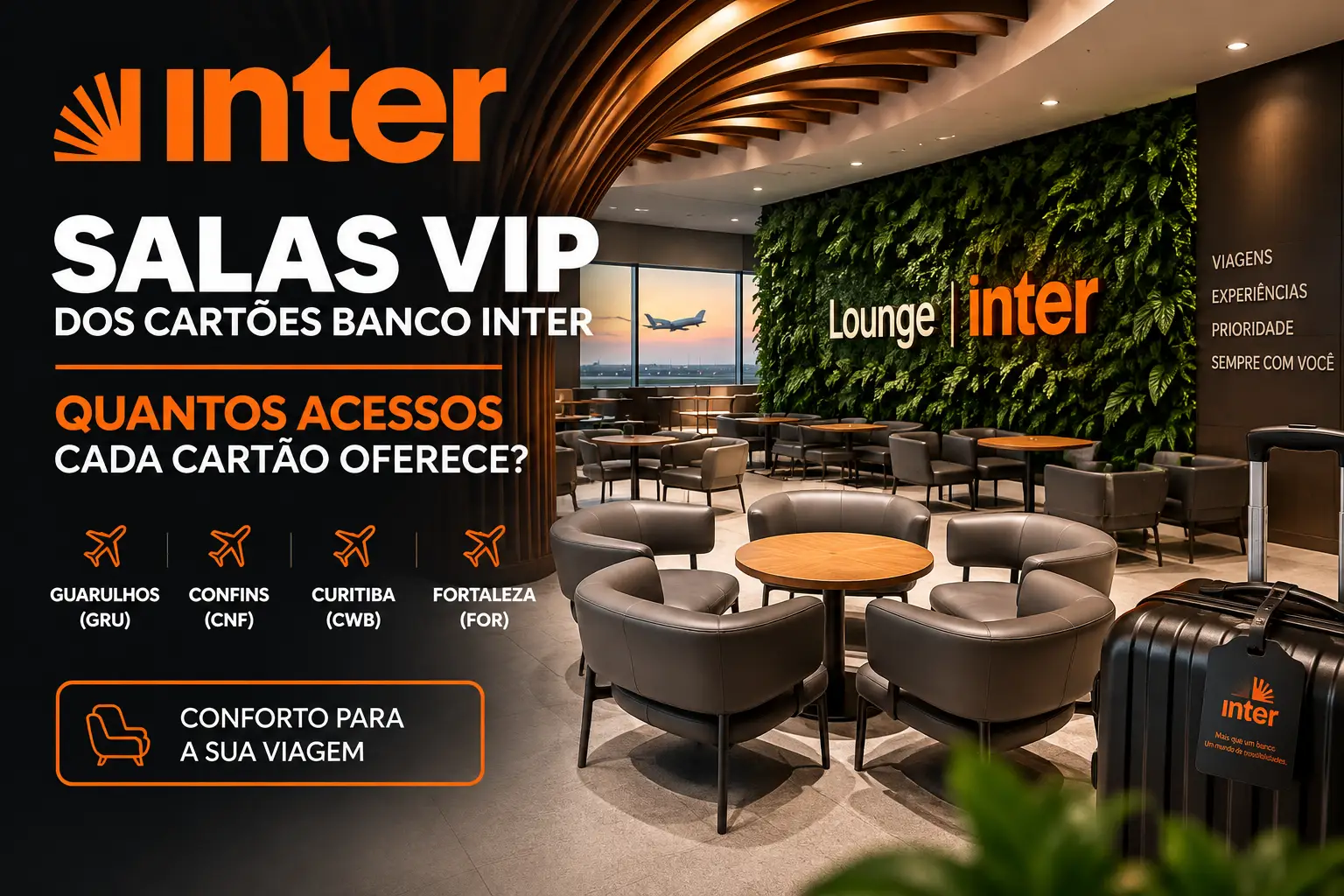 Salas VIP dos cartões Banco Inter em 2026 com Lounge Inter em Guarulhos, Confins, Curitiba e Fortaleza.