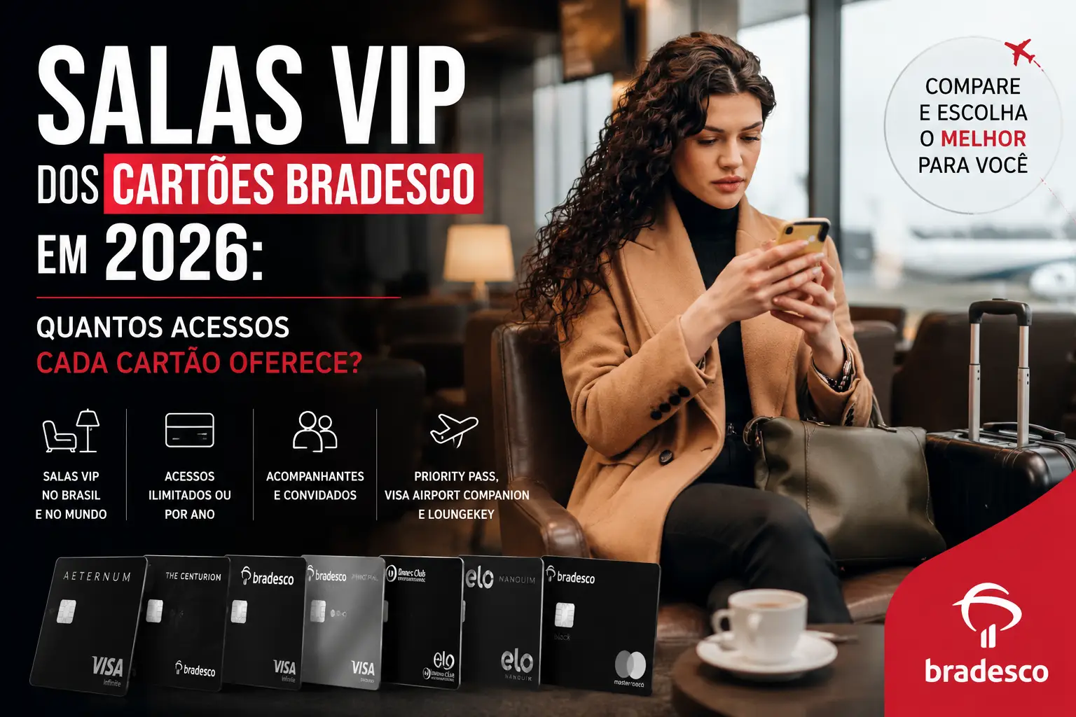 Salas VIP dos cartões Bradesco em 2026 com comparação de acessos, acompanhantes e programas de lounges.