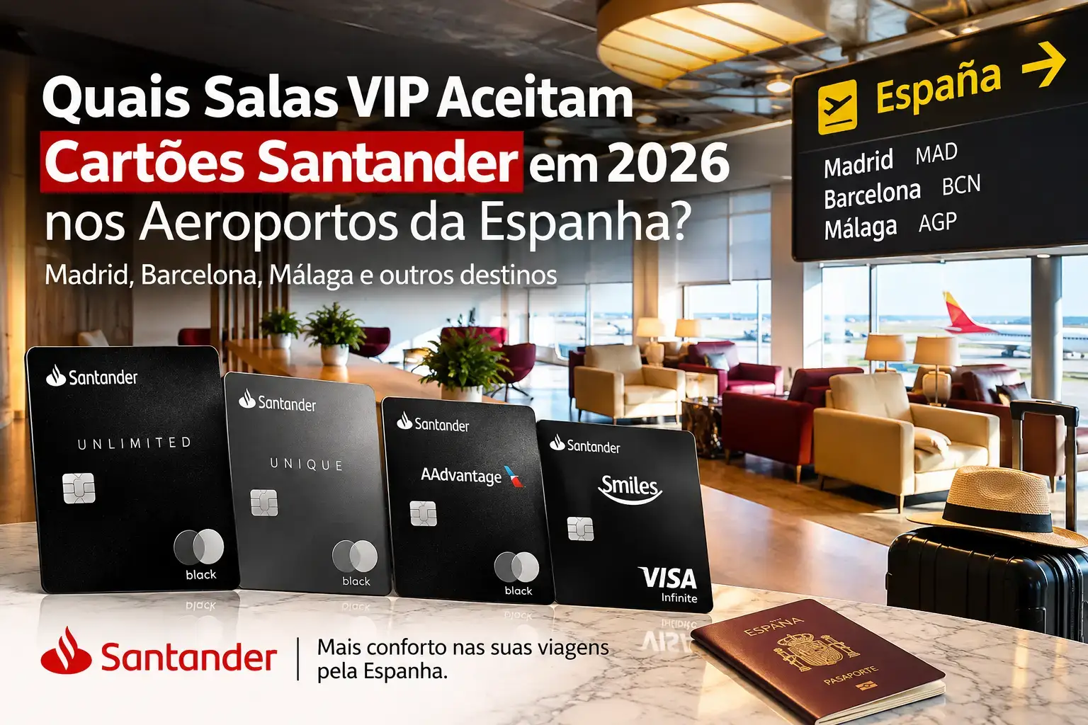 Salas VIP nos aeroportos da Espanha com cartões Santander Unlimited, Unique, AAdvantage e Smiles em 2026.
