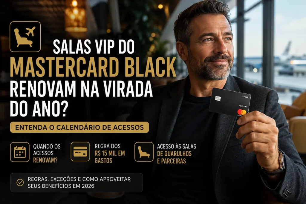 Homem segurando cartão Mastercard Black em sala VIP de aeroporto, ilustrando o calendário de renovação dos acessos às salas VIP em 2026.