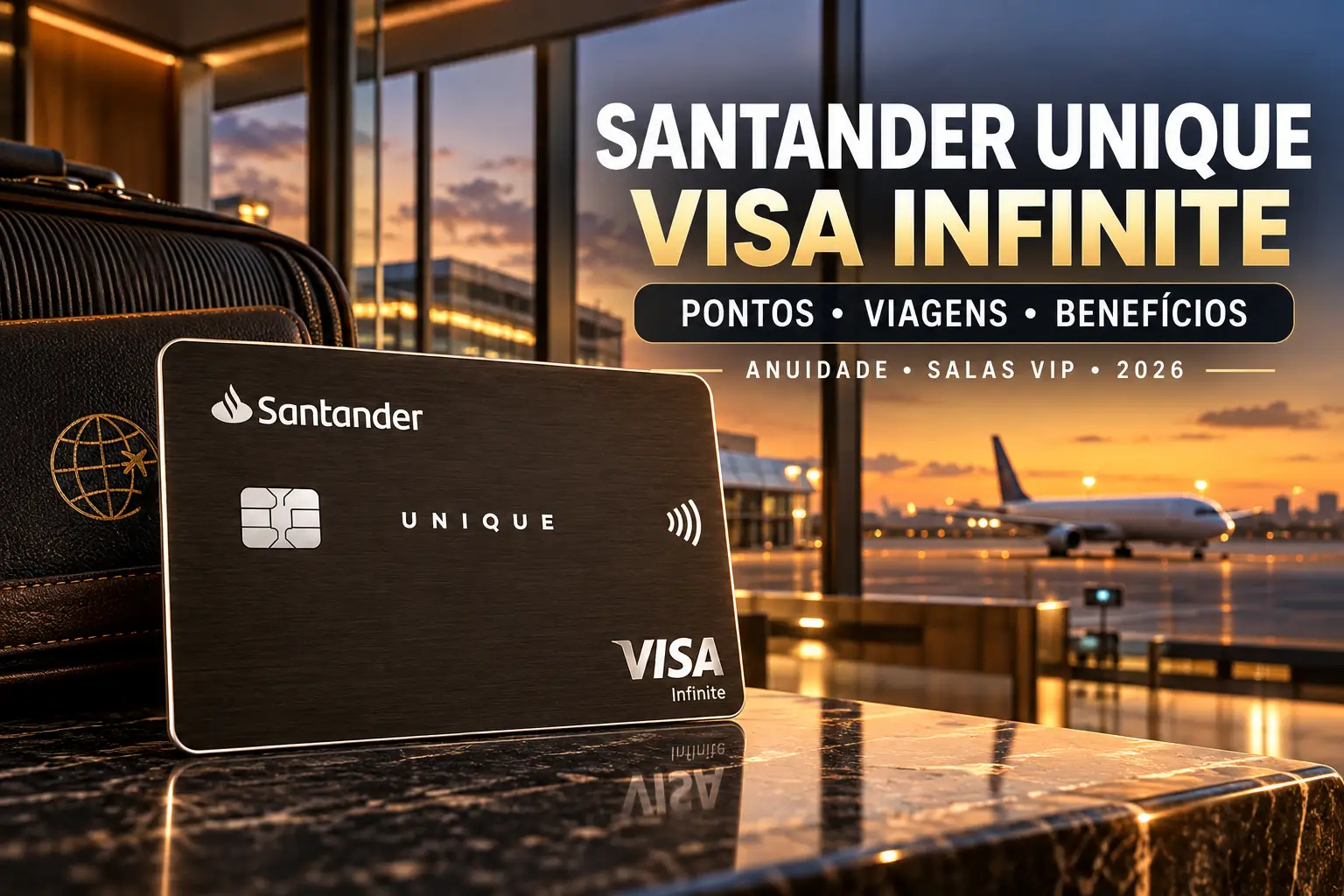 Santander Unique Visa Infinite em cenário de viagem premium, destacando pontos, viagens, benefícios, anuidade e salas VIP em 2026.