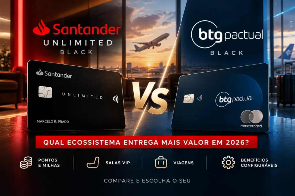 Santander Unlimited Black vs BTG Pactual Black em 2026: comparação de pontos, salas VIP, viagens e benefícios.