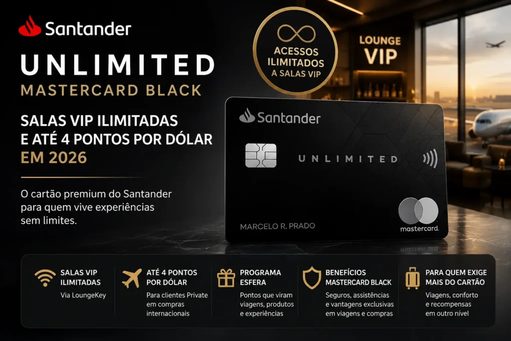 Santander Unlimited Mastercard Black com salas VIP ilimitadas e até 4 pontos por dólar em 2026.