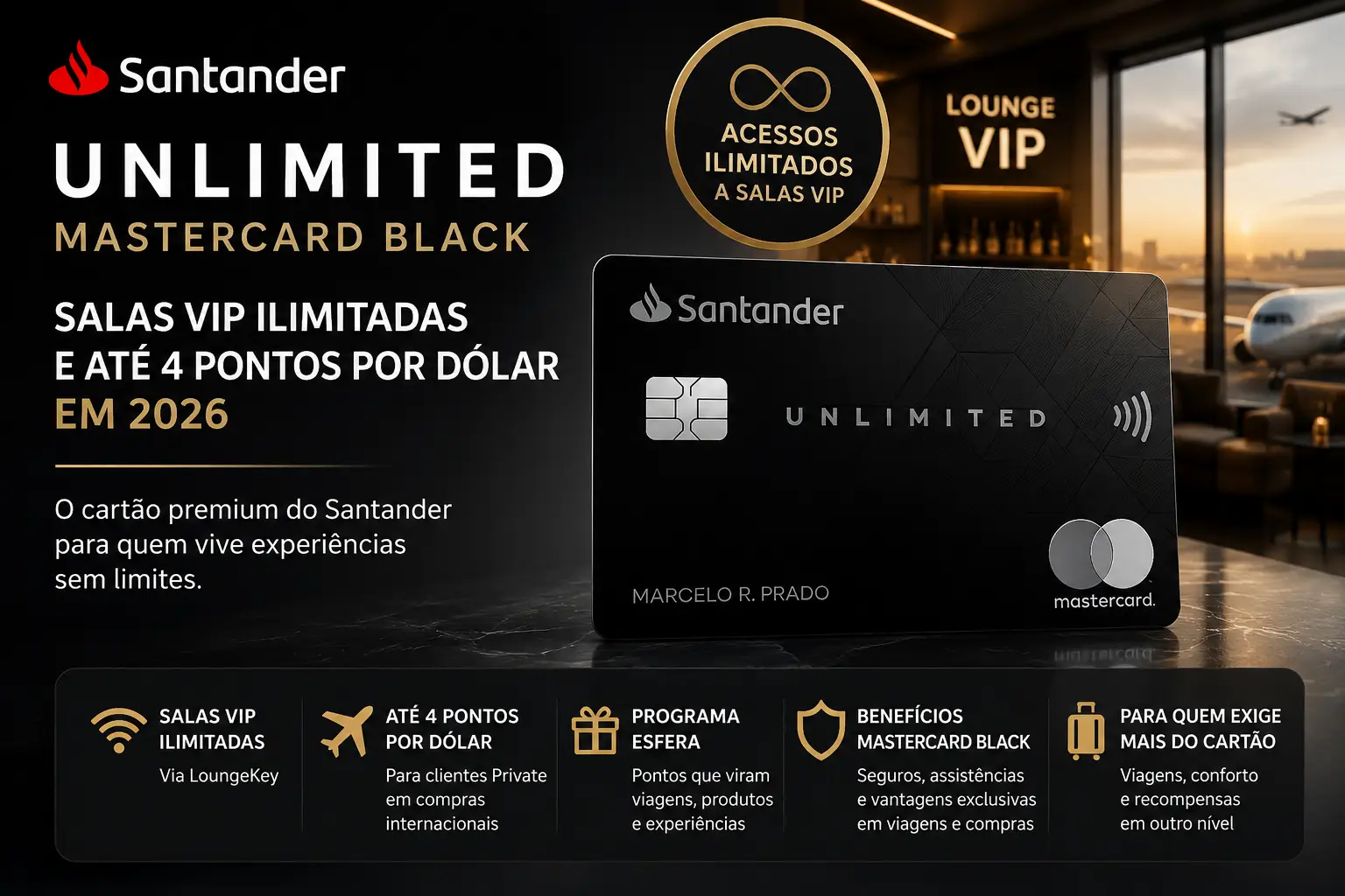 Santander Unlimited Mastercard Black com salas VIP ilimitadas e até 4 pontos por dólar em 2026.