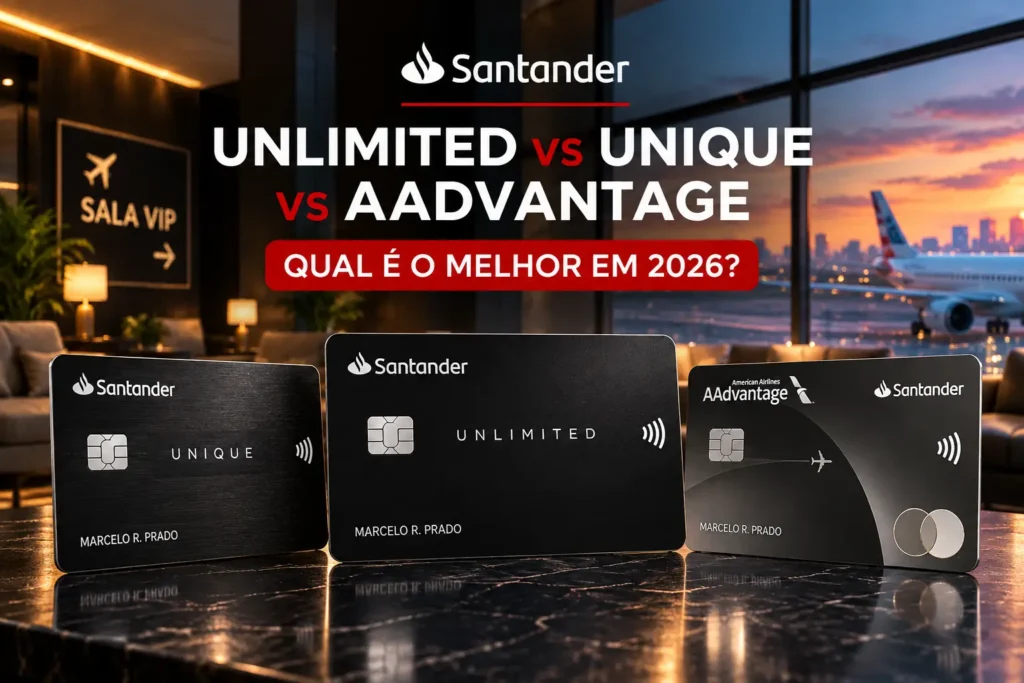 Santander Unlimited vs Unique vs AAdvantage Black em 2026 em comparativo de cartões premium, pontos, salas VIP e benefícios.