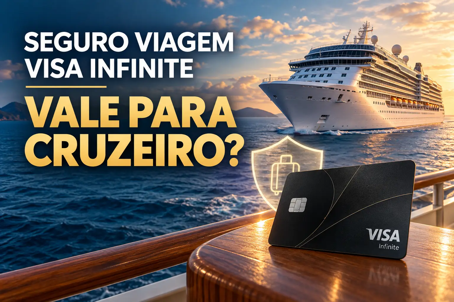 Seguro Viagem Visa Infinite para cruzeiro internacional em 2026, com cartão Visa Infinite e navio de cruzeiro em alto-mar.
