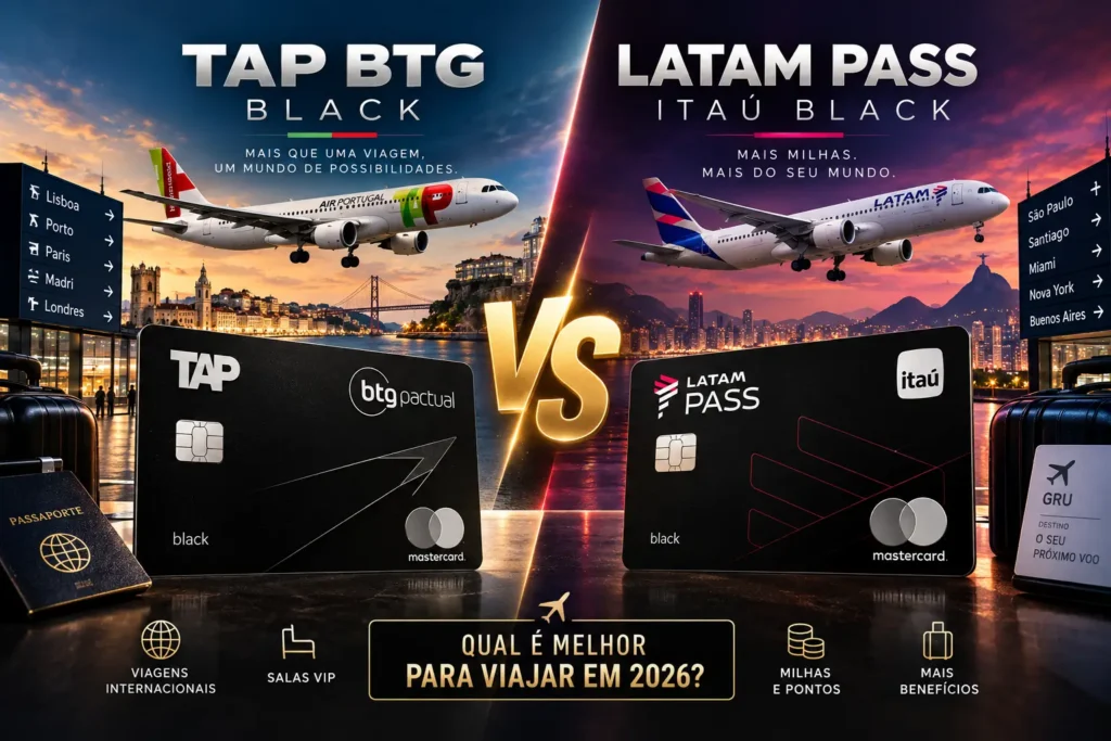 TAP BTG Black vs LATAM Pass Itaú Black em comparação para viagens, milhas e benefícios em 2026