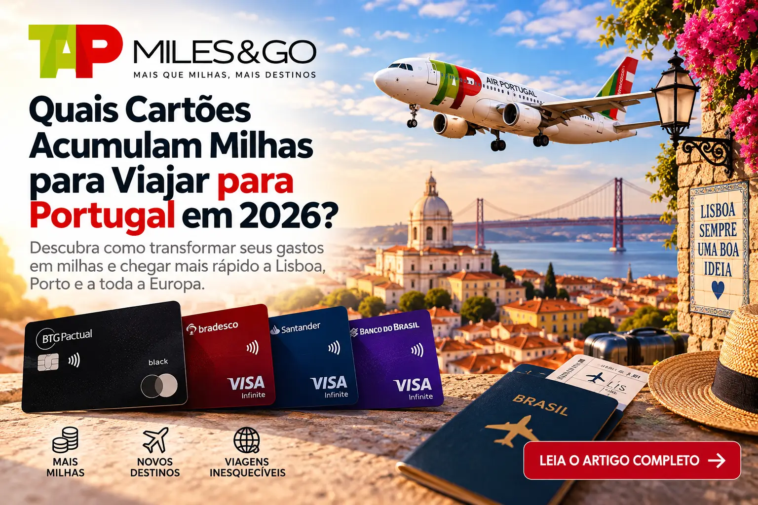 Cartões que acumulam milhas TAP Miles&Go para viajar a Portugal em 2026, com avião da TAP Air Portugal e Lisboa ao fundo.