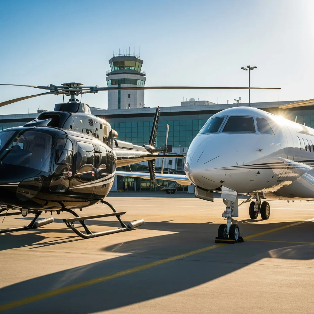 Avião executivo e helicóptero representando o serviço de conexão com aviação executiva do Terminal BTG Pactual.