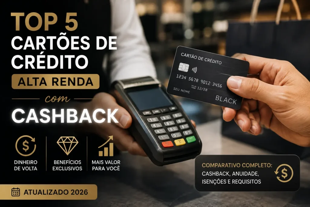 Top 5 cartões de crédito alta renda com cashback em 2026, com benefícios, anuidade, isenção e dinheiro de volta.