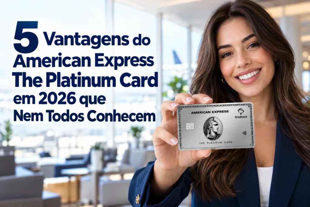 Mulher sorrindo segurando o American Express The Platinum Card do Bradesco em lounge de aeroporto, destacando cinco vantagens do cartão em 2026.