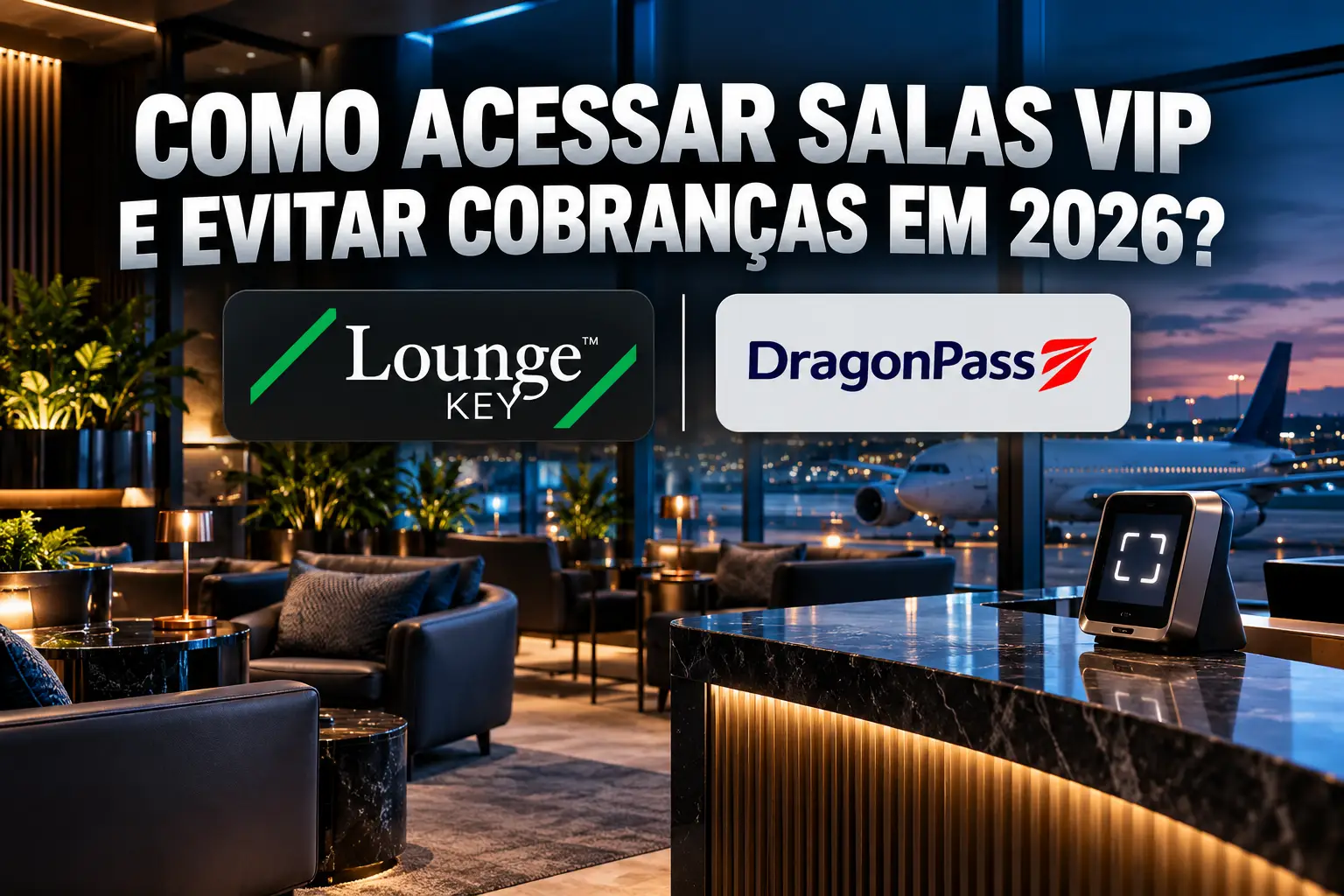 Como acessar salas VIP e evitar cobranças em 2026 com LoungeKey e DragonPass, com logotipos dos programas e terminal de acesso digital em aeroporto.