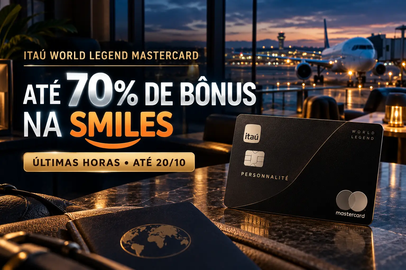 Itaú World Legend Mastercard em sala VIP de aeroporto, com destaque para promoção Smiles de até 70% de bônus na transferência de pontos até 20 de outubro de 2026.