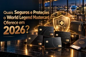 Seguros e proteções World Legend Mastercard em 2026, com cartões premium, escudo de proteção médica, bagagem e aeroporto internacional.
