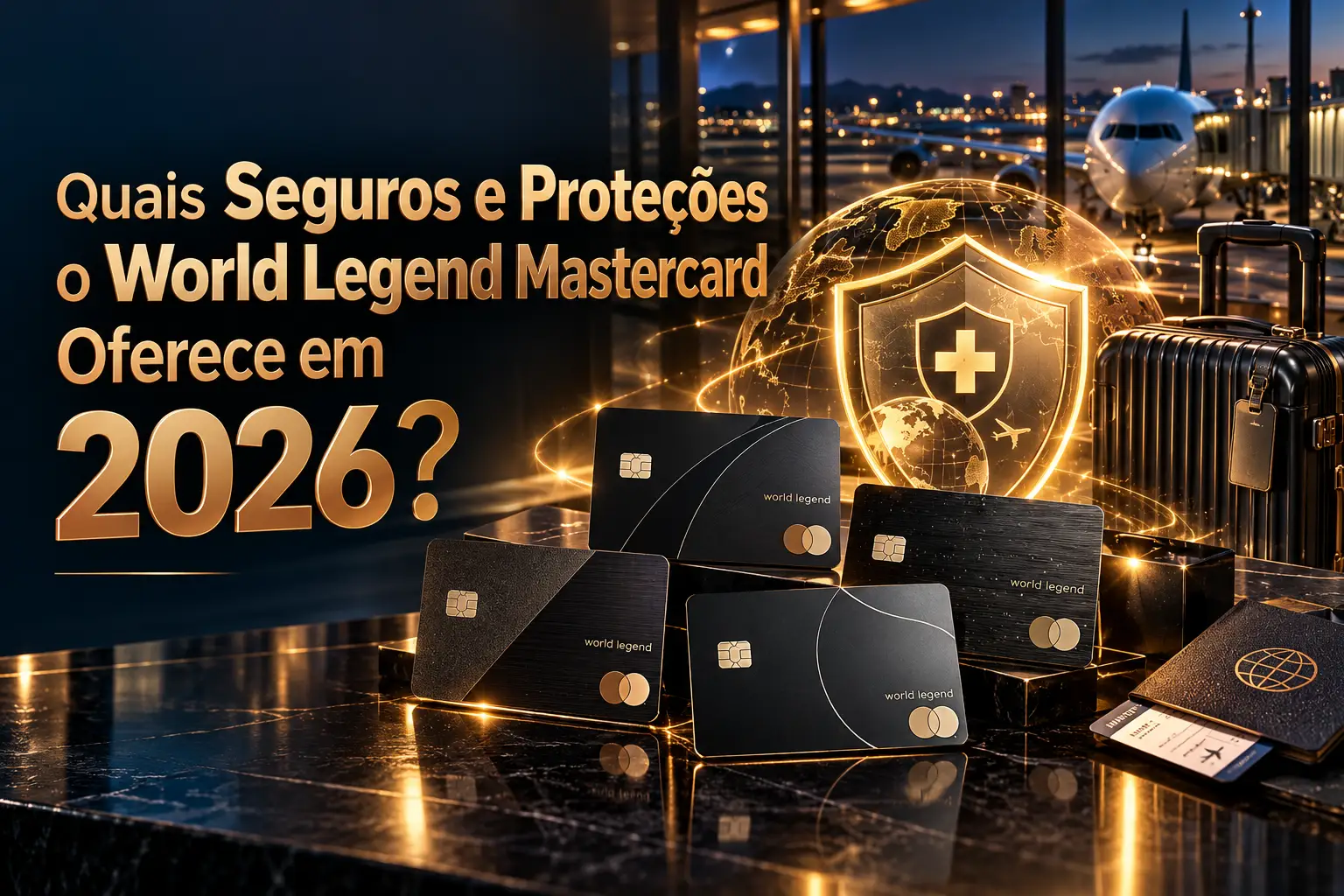 Seguros e proteções World Legend Mastercard em 2026, com cartões premium, escudo de proteção médica, bagagem e aeroporto internacional.