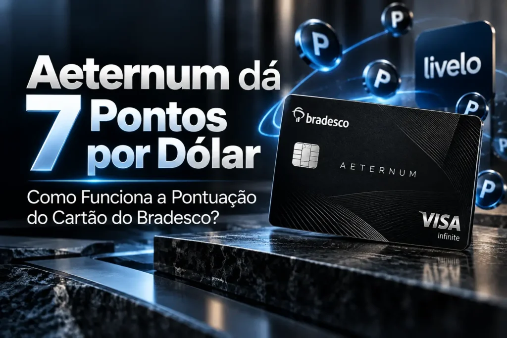 Bradesco Aeternum Visa Infinite com destaque para 7 pontos Livelo por dólar gasto no Brasil e no exterior.