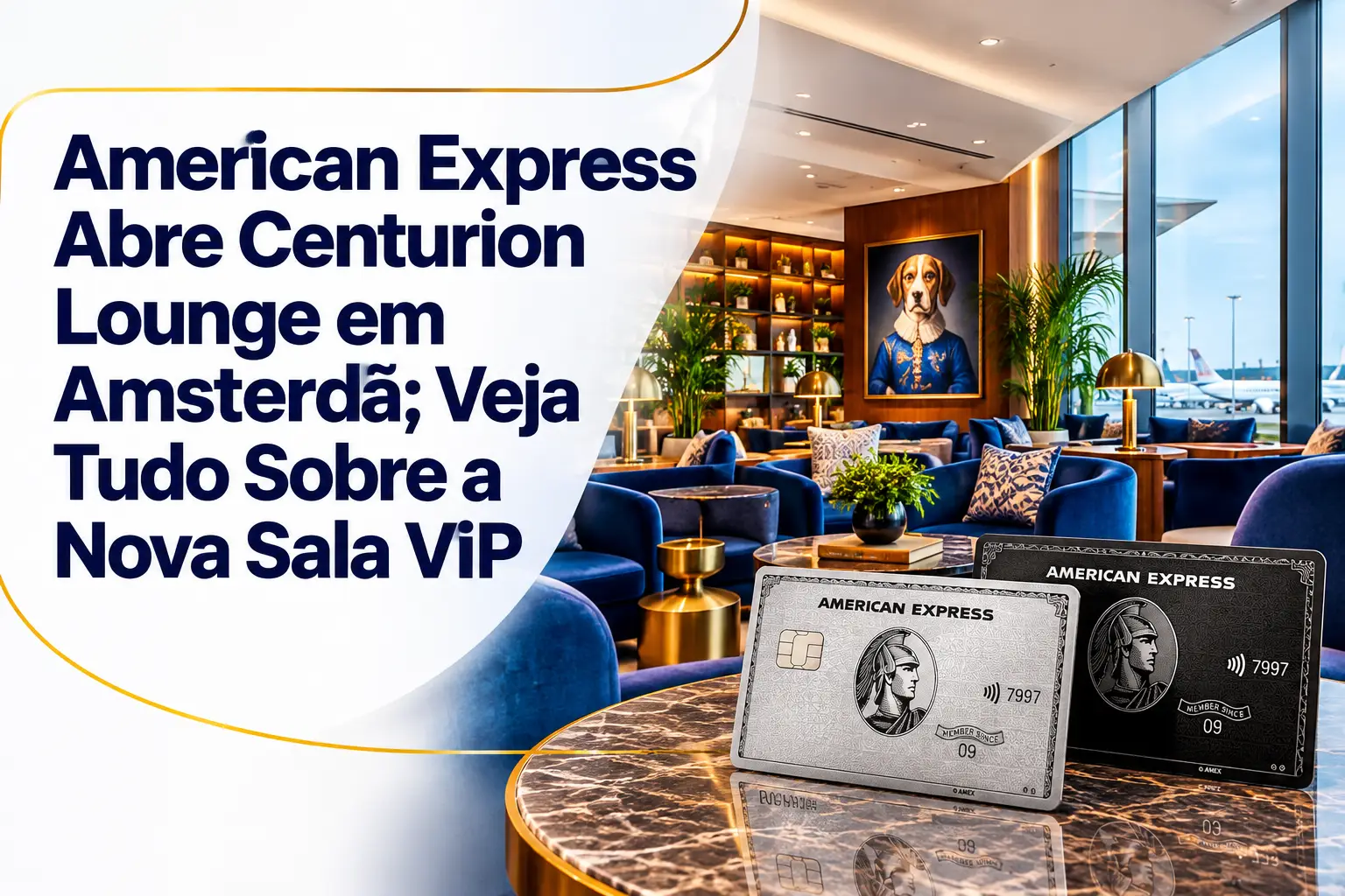 American Express Centurion Lounge em Amsterdã, com área de descanso sofisticada e cartões The Platinum Card e Centurion.